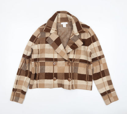 Halston Women Brown Check Knit Cropped Pea Coat Jacket Size L