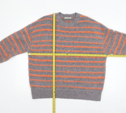 AllSaints Women's Grey Orange Striped Wool Alpaca Pullover Jumper Medium
