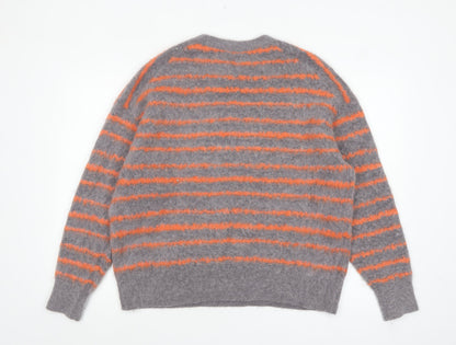 AllSaints Women's Grey Orange Striped Wool Alpaca Pullover Jumper Medium