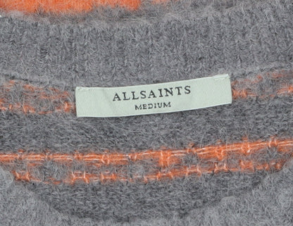 AllSaints Women's Grey Orange Striped Wool Alpaca Pullover Jumper Medium