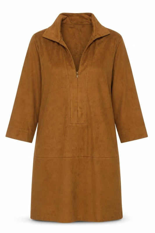 Forever 21 Women Brown Suede Shift Dress Size S Collared 3/4 Sleeve