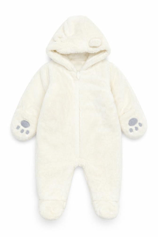 Front view of mamas & papas unisex ivory 6-9 months hooded snowsuit with padded lining
