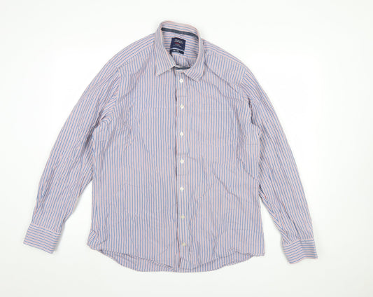 Charles Tyrwhitt Men's Blue Striped Slim Fit Button-Up Shirt L