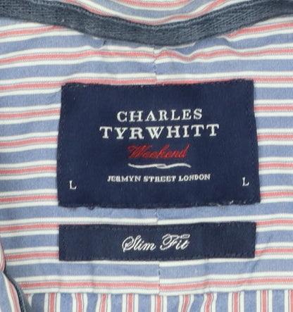 Charles Tyrwhitt Men's Blue Striped Slim Fit Button-Up Shirt L