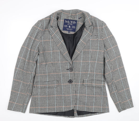 Jack Wills Women Grey Checked Wool Blend Blazer UK12 Classic Two-Button Jacket