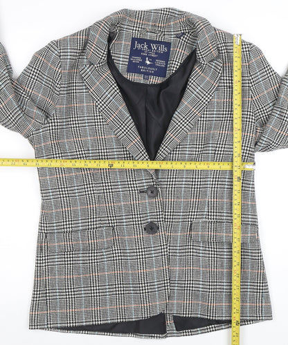 Jack Wills Women Grey Checked Wool Blend Blazer UK12 Classic Two-Button Jacket