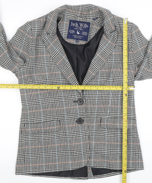 Jack Wills Women Grey Checked Wool Blend Blazer UK12 Classic Two-Button Jacket