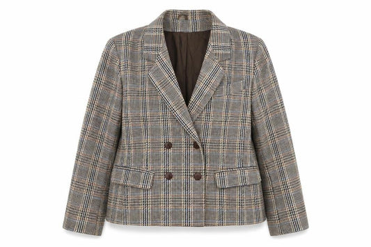 Front view of C&A Women's Brown Checked Wool Blend Double-Breasted Blazer, size 14
