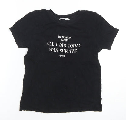 Pull&Bear Women's Black XS Basic Cotton Quote T-Shirt