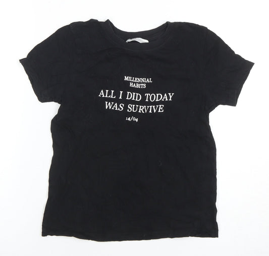 Pull&Bear Women's Black XS Basic Cotton Quote T-Shirt