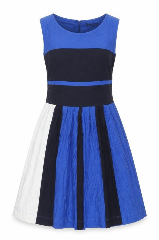 Front view of French Connection Women's Blue Fit & Flare Colourblock Dress, size 10
