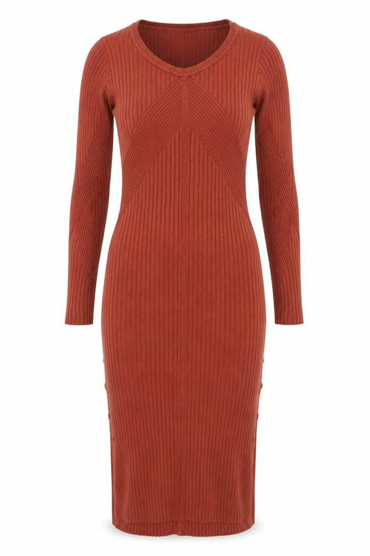 Front view of Guess women’s brown ribbed knit bodycon midi dress, size S
