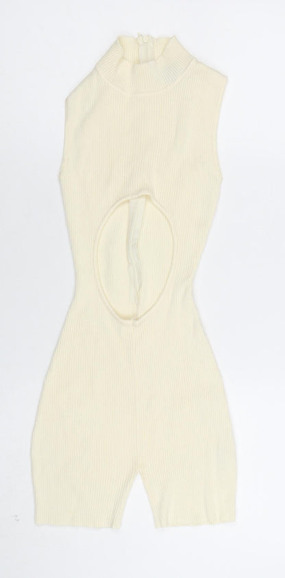 PrettyLittleThing Women’s Ivory Ribbed Short Sleeve Jumpsuit XS
