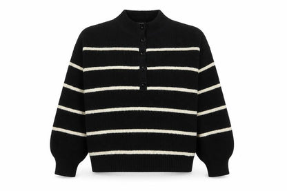 Nobody’s Child Women Black White Striped Henley Jumper Size L