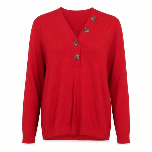 Front view of Roman Women Red V-Neck Button Long Sleeve Knit Blouse, size 12