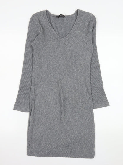 Mango Women Grey V-Neck Knit Bodycon Dress Size 12