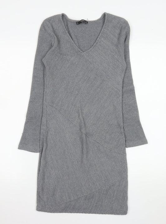 Mango Women Grey V-Neck Knit Bodycon Dress Size 12