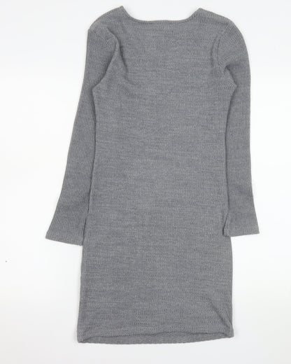 Mango Women Grey V-Neck Knit Bodycon Dress Size 12
