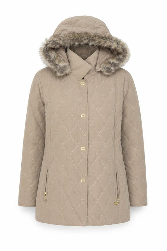 E Womens Beige Quilted Mid-Length Hooded Coat UK 12