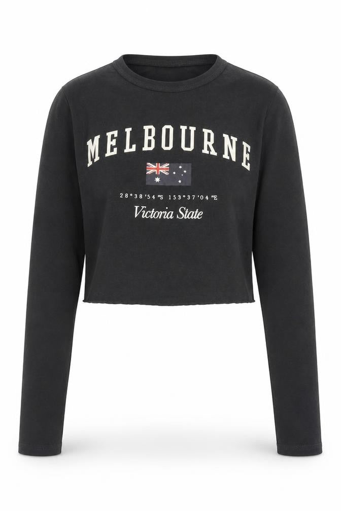 Bershka Womens Black Cropped Long Sleeve Melbourne T-Shirt Size S