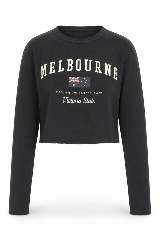 Bershka Womens Black Cropped Long Sleeve Melbourne T-Shirt Size S