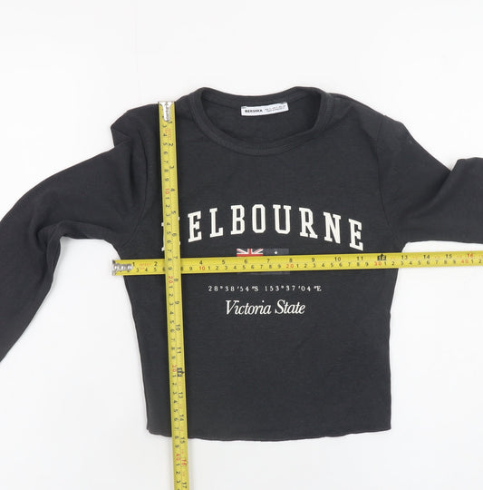 Bershka Womens Black Cropped Long Sleeve Melbourne T-Shirt Size S