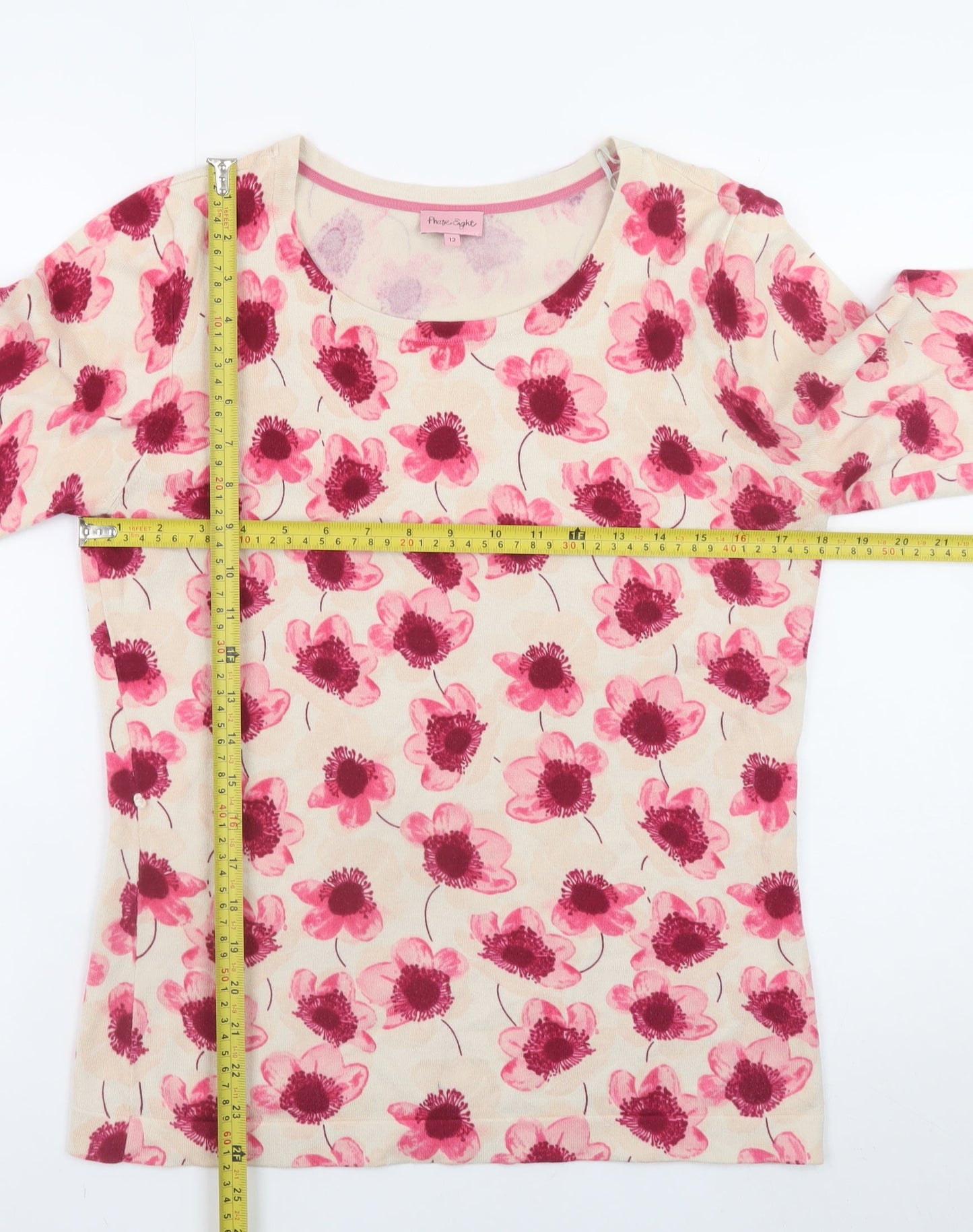 Phase Eight Women Beige Floral 3/4 Sleeve Stretch T-Shirt Size 12