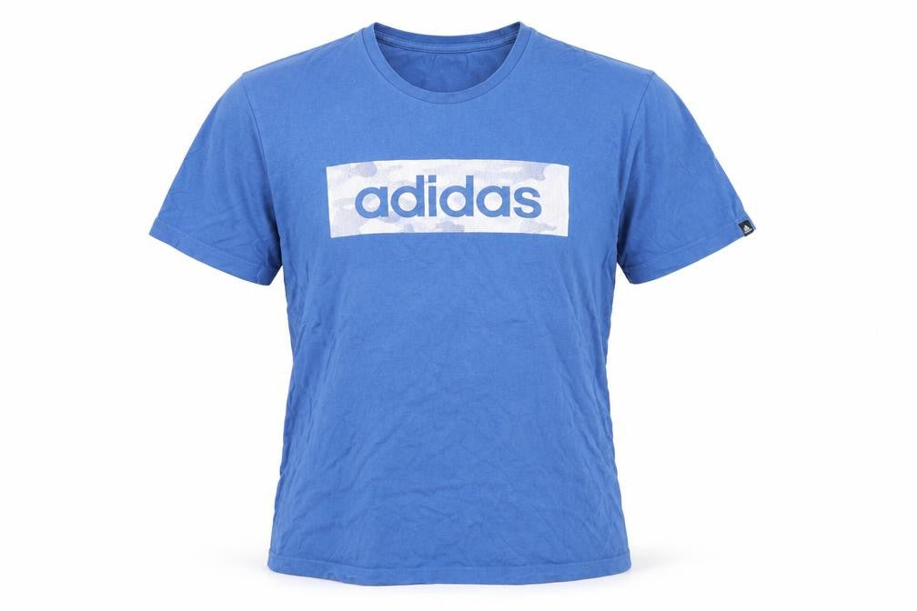 Front view of Adidas Men's Blue Graphic Logo Short Sleeve Cotton T-Shirt M