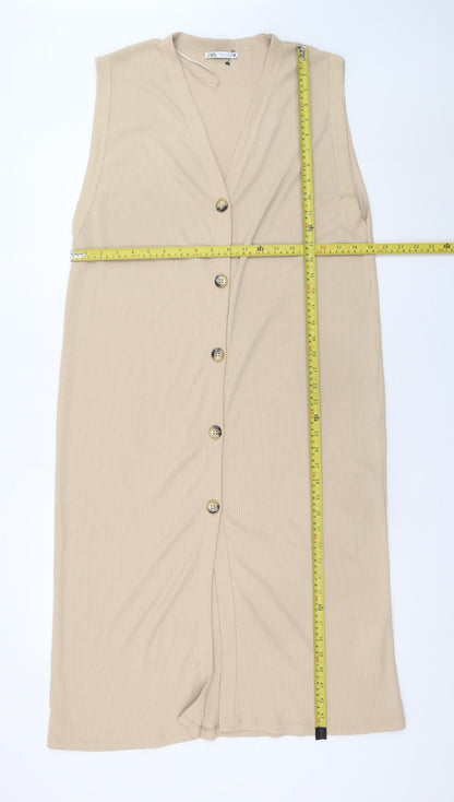 ZARA Women’s Beige Knit Midi Shift Dress XL Sleeveless Button Front