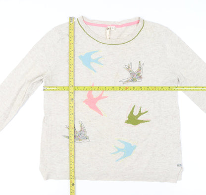 White Stuff Womens Beige Bird Embroidered Knit Jumper Size 12