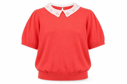 Front view of JD Williams Women's Red Collared Short Sleeve Lightweight Jumper, size 20