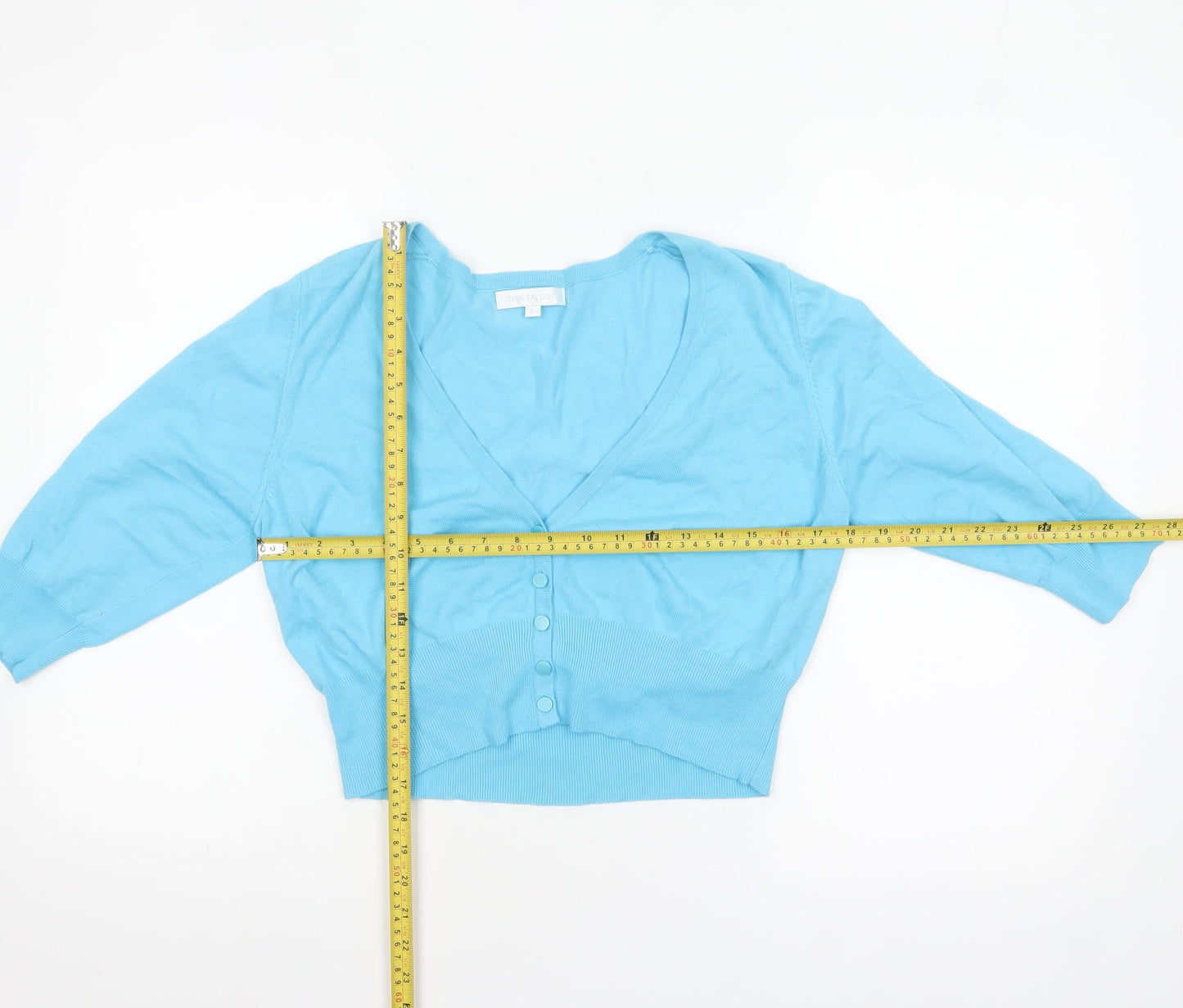 Tina Taylor Women Blue L V-Neck 3/4 Sleeve Button Cardigan