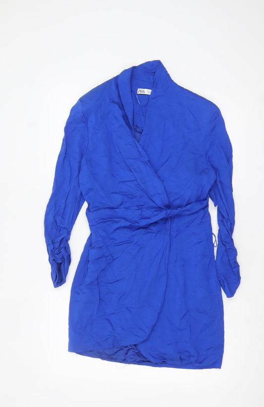 Zara Women Blue Viscose Wrap Dress Size 12 Long Sleeve Short Belted