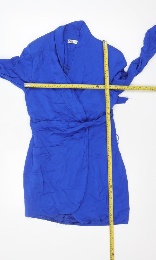 Zara Women Blue Viscose Wrap Dress Size 12 Long Sleeve Short Belted