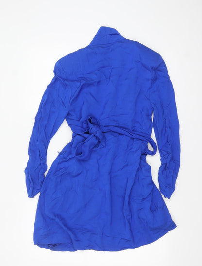 Zara Women Blue Viscose Wrap Dress Size 12 Long Sleeve Short Belted