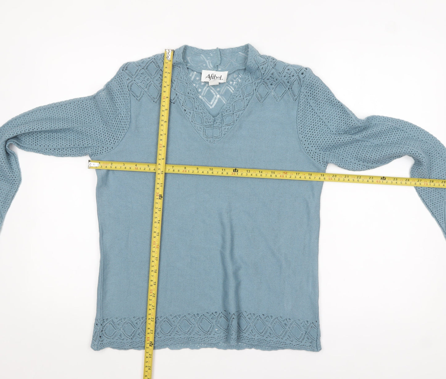 Afibel Women Blue Acrylic V-Neck Crochet Knit Jumper Size 14