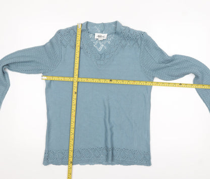 Afibel Women Blue Acrylic V-Neck Crochet Knit Jumper Size 14