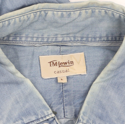 T.M.Lewin Men's Blue Denim Cotton Long Sleeve Casual Shirt L