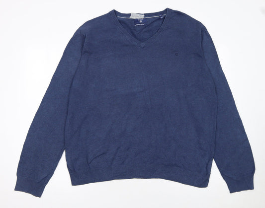 Gant Men's Blue XL V-Neck Cotton Pullover Jumper