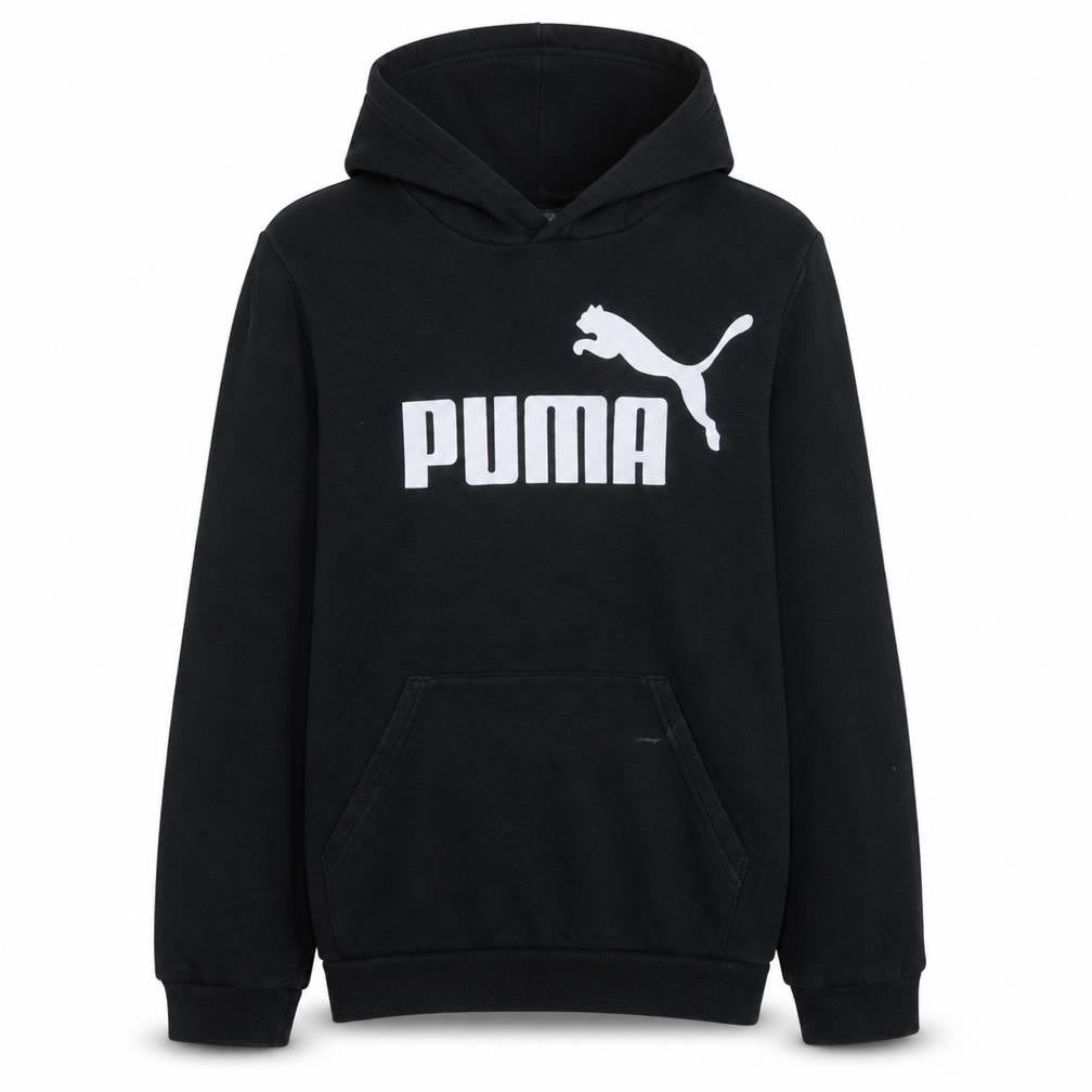 Front view of Puma boys’ black pullover hoodie 15-16 years logo fleece sweatshirt