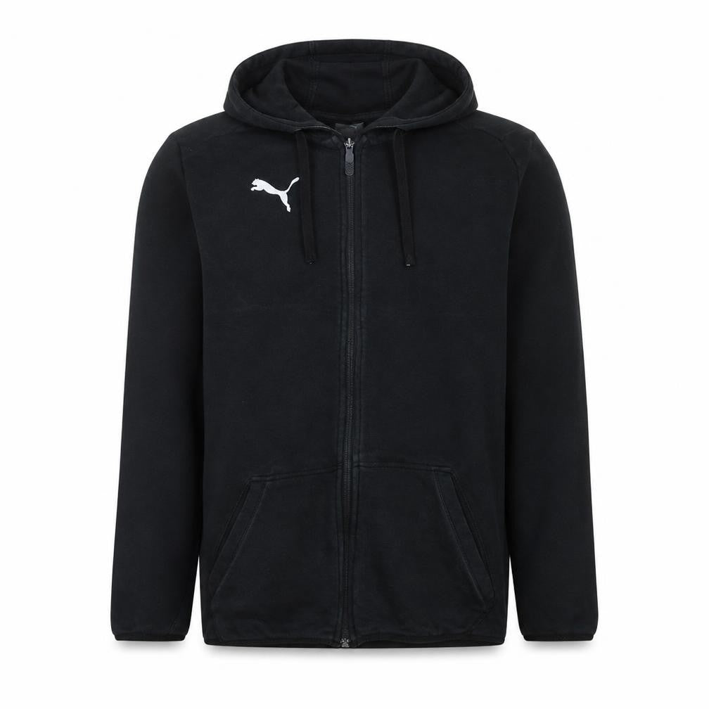 Front view of Puma Men's Black Full Zip Hoodie, size S, Regular Fit Sportswear