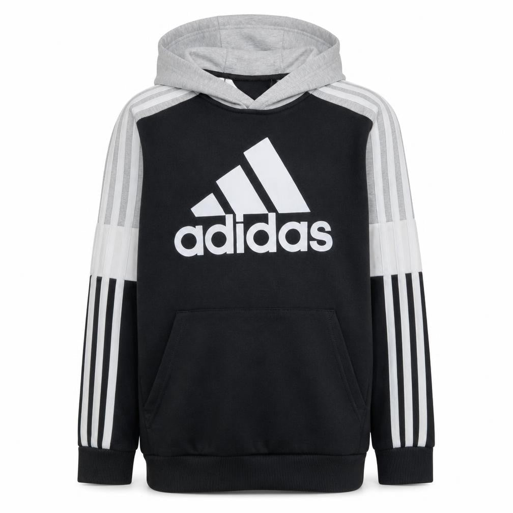 Front view of Adidas boys’ black pullover hoodie 13-14 years sports logo sweatshirt