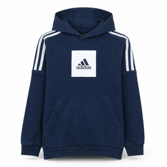 Front view of Adidas boys’ navy blue pullover hoodie 11-12 years logo cotton blend sweatshirt