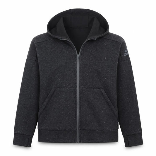 Front view of Adidas boys’ black full zip hoodie 13-14 years regular fit fleece