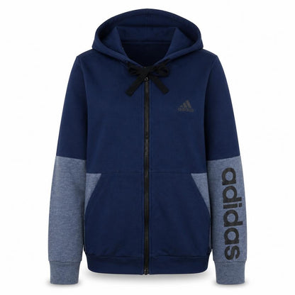 Front view of Adidas women’s navy full zip hoodie sweatshirt m blue logo casual