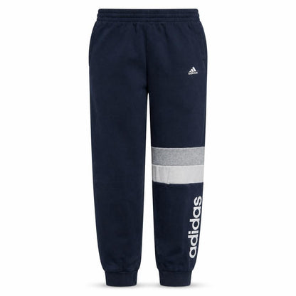 Front view of Adidas boys’ blue jogger trousers 13-14 years colourblock fleece activewear