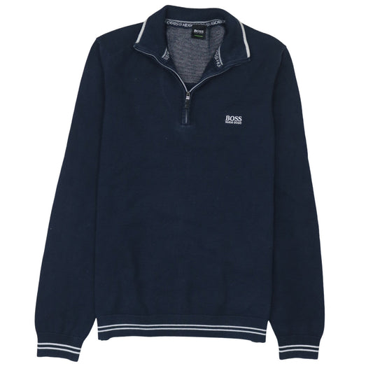 Hugo Boss Men’s Blue Half Zip High Neck Cotton Jumper Size M