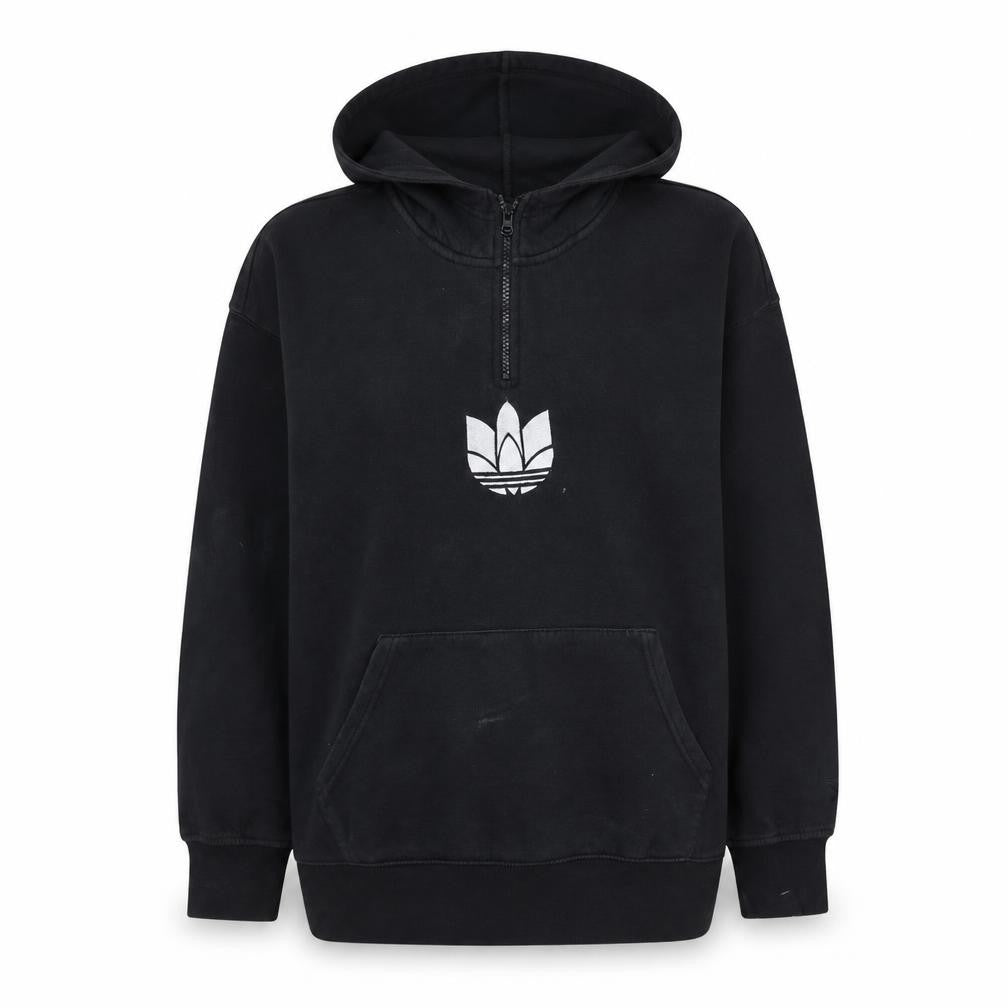 Front view of Adidas women’s black 1/4 zip hoodie sweatshirt, size UK 10, cotton