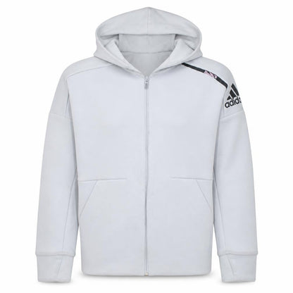 Front view of Adidas boys’ grey full zip hoodie, size 13-14, years hooded logo sportswear
