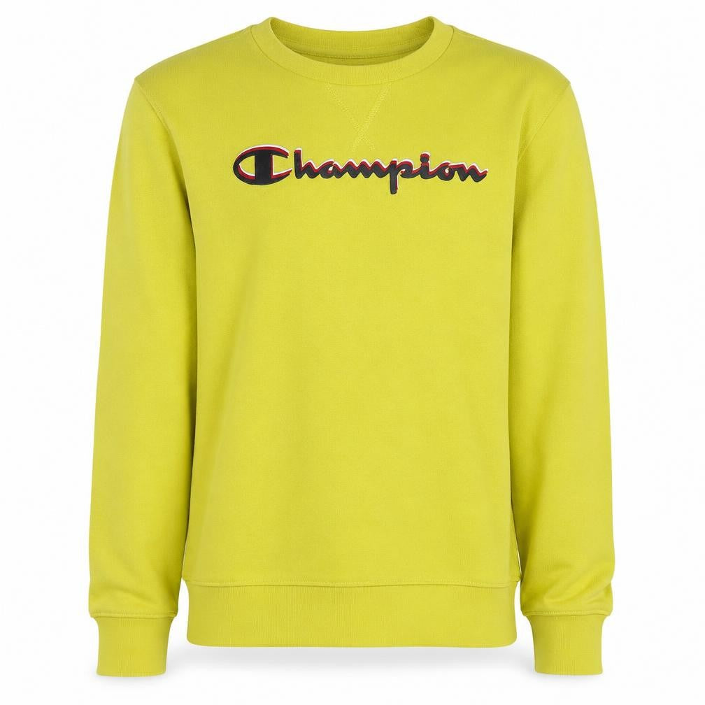 Front view of Champion boys’ yellow pullover sweatshirt xl 13-14 years logo fleece